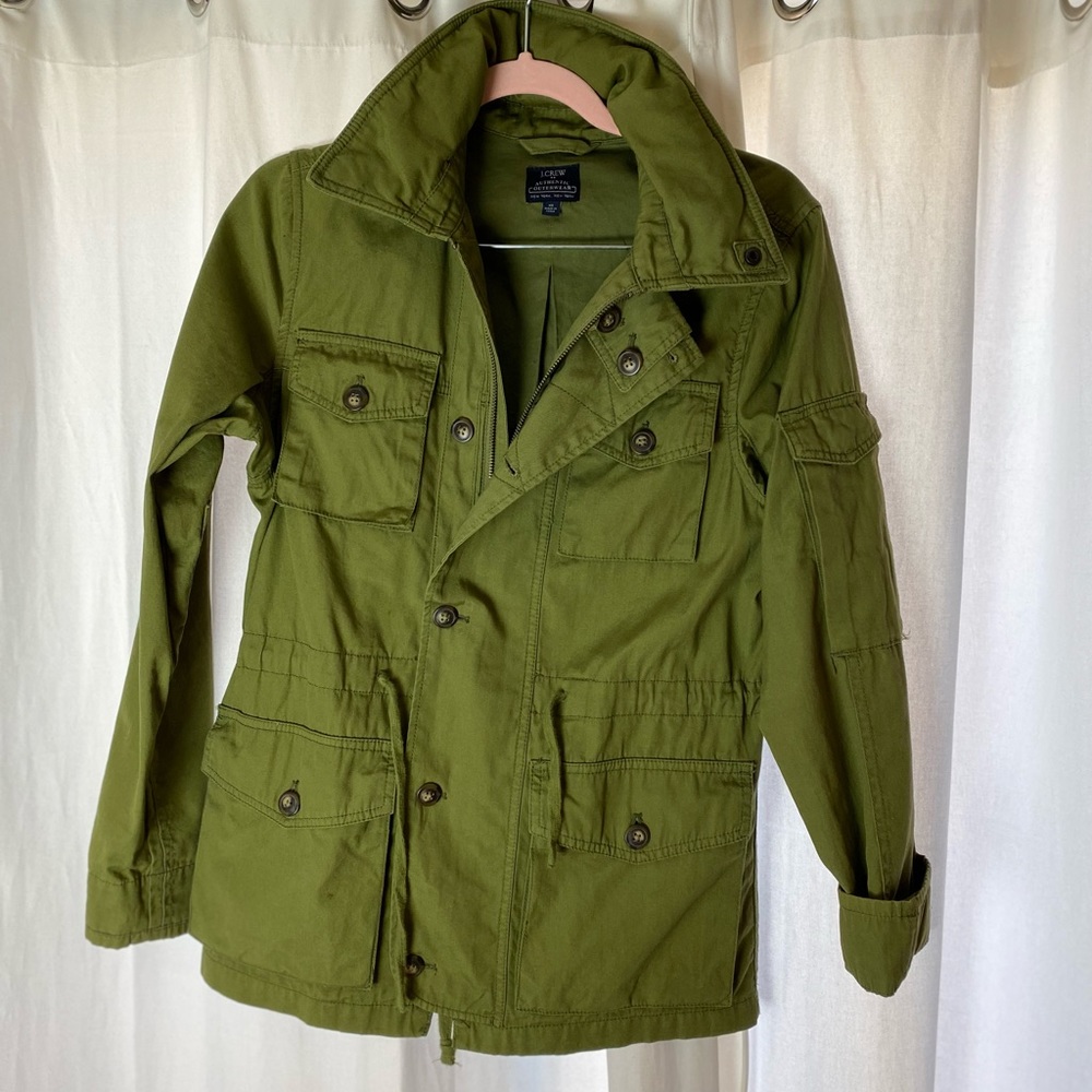 J. Crew Moss Green Field Mechanic Utility Military Jacket Hood Mens Size XSmall